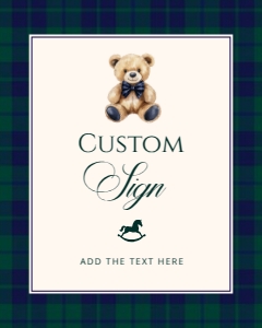 Navy Plaid Polo Teddy bear baby shower signs design preview