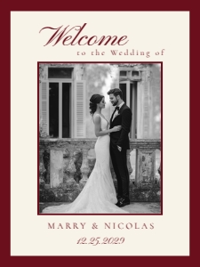 Black and white photo Old Money Wedding burgundy Welcome sign design preview