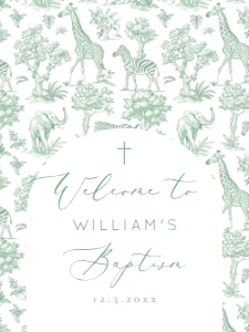 Sage Green Toile Safari Baptism Welcome sign template design preview