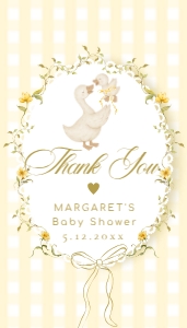 Yellow Gingham Mother Goose baby shower thank you tag template design preview