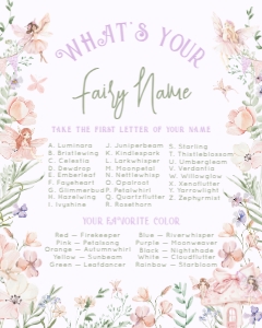 Whats your fairy name Fairy First Birthday party game design preview