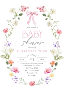 Little wildflower Pink Whimsical Bow Baby Shower invitation design preview