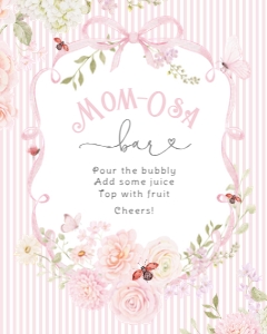 Whimsical Pink Bow Momosa bar table sign and juice tags design preview