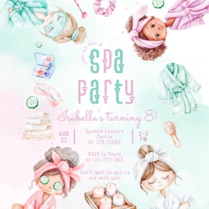 Girls Birthday Spa party round favor tag template design preview