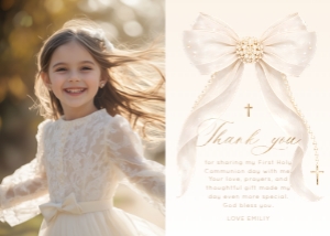 Pearl Bow First Holy Communion photo thank you card template design preview