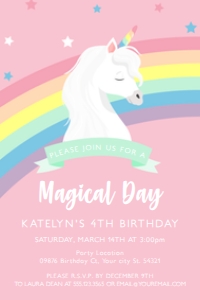 Printable Rainbow Unicorn Birthday Invitation, Pink Magical Unicorn invite, Unicorn party, Unicorn and Rainbow download Template Digital design preview