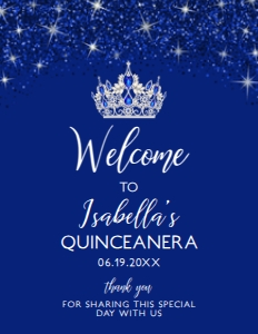 BlueglitterQuinceSign8x11: Royal Blue Quinceanera Welcome Sign, Printable Sign, Glamorous Quince Sign, Custom Welcome Sign, Editable Welcome Sign, Instant download