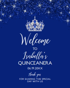 BlueGlitterQuince16x20: Royal Blue Quinceanera Welcome Sign, Printable Sign, Glamorous Quince Sign, Custom Welcome Sign, Editable Welcome Sign, Instant download