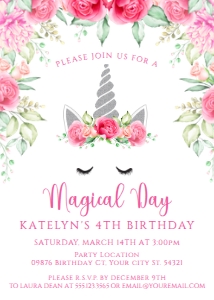 PinkSilverUnicorn5x7: Pink Unicorn Invitation, Editable Unicorn Party, Unicorn Birthday Invitations, Magical Unicorn Invite, Glitter Invitations, Printable Invite