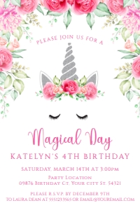 PinkSilverUnicorn4x6: Pink Unicorn Invitation, Editable Unicorn Party, Unicorn Birthday Invitations, Magical Unicorn Invite, Glitter Invitations, Printable Invite
