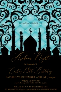Teal Arabian Night Themed Party Invitations, Printable Invitation, Sweet Sixteen Invite,  Prom Invitations, Instant Download, Adult Invites design preview
