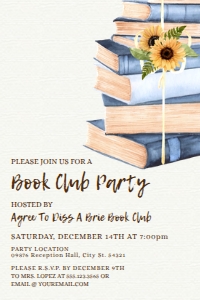 BlueBookClubinvite4x6: Book Club Invitation, Book Party Invitation, Vintage Book Invitation, Printable Invitation, Instant Download, Sunflower Invitation, Editable