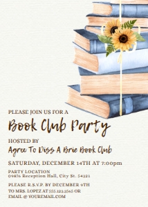 BlueBookClubinvite5x7: Book Club Invitation, Book Party Invitation, Vintage Book Invitation, Printable Invitation, Instant Download, Sunflower Invitation, Editable