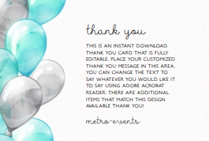 Aqua and Silver Thank You Cards, Custom Thank You Cards, Balloons Thank you Card , Thank You Notes, Editable Card, Printable Thank You Card design preview