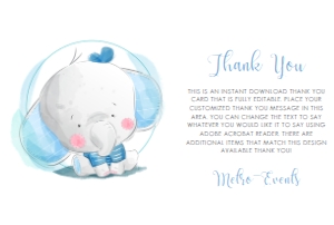 BabyElephantBoyThankYou: Blue Baby Elephant Thank You Cards, Custom Thank You Cards, Blue Thank you Card , Thank You Notes, Editable Card, Printable Thank You Card