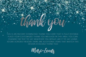 Teal Glitter Thank You Cards, Custom Thank You Cards, Glitter Thank You Cards, Thank You Notes, Editable Card, Printable Thank You Card design preview