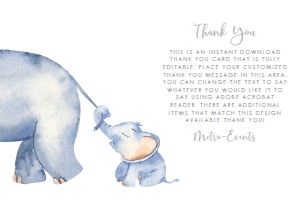 Elephant Thank You Cards, Custom Thank You Cards, Baby Elephant Thank you Card , Thank You Notes, Editable Card, Printable Thank You Card design preview