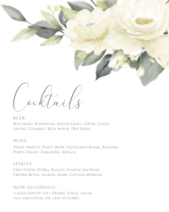 WhiteFloralCocktails16x20: White Rose Drink Menu Sign, Cocktail Menu, Floral Menu Template, Editable Menu Sign, Printable Bar Sign, Instant Download, Corjl Template