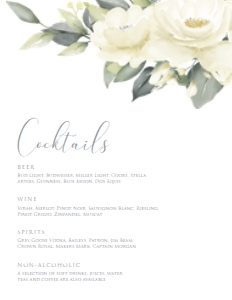 WhiteFloralCocktail8x11: White Rose Drink Menu Sign, Cocktail Menu, Floral Menu Template, Editable Menu Sign, Printable Bar Sign, Instant Download, Corjl Template