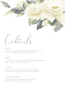 WhiteFloralCocktail18x24: White Rose Drink Menu Sign, Cocktail Menu, Floral Menu Template, Editable Menu Sign, Printable Bar Sign, Instant Download, Corjl Template