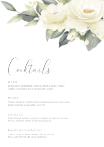 WhiteFloralCocktail5x7: White Rose Drink Menu Sign, Cocktail Menu, Floral Menu Template, Editable Menu Sign, Printable Bar Sign, Instant Download, Corjl Template