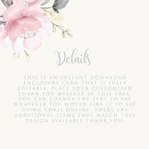 PinkFloralDetailsCard: Elegant Garden Floral Bridal Shower Invitations - Bundle of 8 digital party items- for the Future Mrs, Editable Corjl Template Invite Bundle