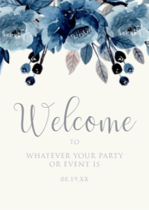 NavyFloralWelcome5x7: Blue Floral Welcome Signs, Navy Floral Bridal Shower, Printable Party Sign, Instant Download, Blue and White Sign, Garden Themed Party sign