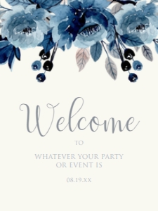 NavyFloralWelcome18x24: Blue Floral Welcome Signs, Navy Floral Bridal Shower, Printable Party Sign, Instant Download, Blue and White Sign, Garden Themed Party sign