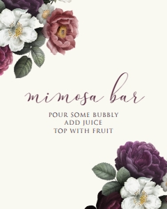 DkPlumFloralMimosa8x10: Dark Purple Floral Mimosa Bar Sign, Printable Mimosa Bar Signs, Printable Wedding Sign, Bridal Shower Signs, Mimosa Bar Sign, Corjl Template