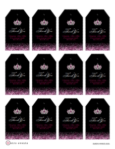 Hot Pink and Black Glitter Gift Tags, Favor Tag, Gift Tag Template, Editable Favor Tags, Corjl Template, Silver Glitter Favor Tags, Hangtags design preview