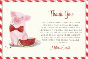 Pig Thank You Card, Summertime Thank You Card, Watermelon Thank You Card, Printable Thank You, Instant Download, Editable Party Template design preview