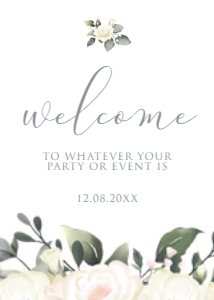 White Rose Welcome Signs, White Floral Bridal Shower, Printable Party Sign, Instant Download, Rose Welcome Signs, Floral Themed Party sign design preview