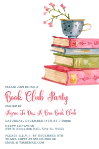 PinkBlueBookClubInvite4x6: Vintage Book Club Invitation, Book Party Invitation, Floral Book Invitation, Printable Invitation, Instant Download, Editable Invitations