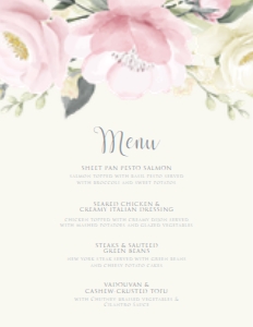 PinkWhiteFloralDinnerMenu8x11: Elegant Garden Floral Bridal Shower Invitations - Bundle of 8 digital party items- for the Future Mrs, Editable Corjl Template Invite Bundle