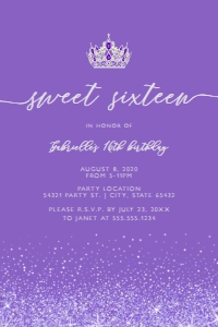 PurpleCrownSweet4x6: Purple Glitter Sweet Sixteen Party Invitation, Sweet 16 Birthday Invitation, Printable Sweet 16 Invitations, Corjl Template, Editable Invite