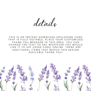 LavenderBridalDetails4x4: Lavender Floral Bridal Shower Invitation Set, Lavender Invitation, Purple Floral Thank You Card, Enclosure Card, Recipe Card, Corjl Template