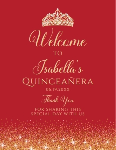RedGoldQuince8x11: Red and Gold Glitter Welcome Sign, Quinceanera Sign, Sweet 16 Sign, Printable Sign, Instant Download, Red Princess Signs, Corjl Template
