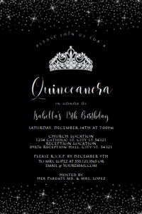 Black and Silver Quinceañera Glitter Invitations, Quinceanera Invitations, Quinceañera Crown Invitation, Printable Quince Invitations, Corjl design preview