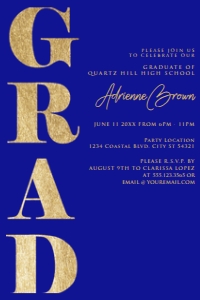 BlueGoldBoldTextGrad4x6: Blue and Gold Graduation Invitations, Graduation Announcements, College Graduate, High School Grad Invite, Corjl Template, Instant Download