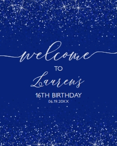 RoyalBlueGlitterwelcome16x20: Blue Glitter Welcome Signs, Princess Sweet Sixteen, Printable Party Sign, Instant Download, Sweet Sixteen Sign, Blue Sign, Corjl Template