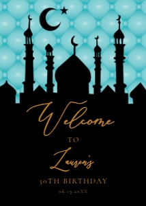 Teal Arabian Night Welcome Sign, Welcome Signs, Printable Party Signs, Instant Download, Corjl Template, Arabian Night Themed Party signs design preview