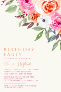 BrightPinkOrangeFloral4x6: Hot Pink and Orange Floral Invitation, Floral Birthday Invitation, Floral Party invitation, Printable Invitation, Corjl Template, DIY Invite