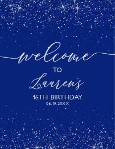 RoyalblueGlitterWelcome8x11: Blue Glitter Welcome Signs, Princess Sweet Sixteen, Printable Party Sign, Instant Download, Sweet Sixteen Sign, Blue Sign, Corjl Template
