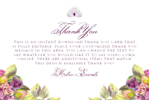 Purple Rose Thank You Cards, Rose Thank You Card, Custom Thank You Card, Purple Princess Thank You Card, Corjl Template, Instant Download design preview