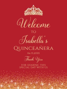 RedGoldQuince18x24: Red and Gold Glitter Welcome Sign, Quinceanera Sign, Sweet 16 Sign, Printable Sign, Instant Download, Red Princess Signs, Corjl Template