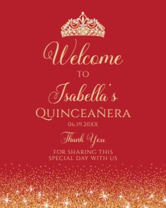 RedGoldQuince16x20: Red and Gold Glitter Welcome Sign, Quinceanera Sign, Sweet 16 Sign, Printable Sign, Instant Download, Red Princess Signs, Corjl Template