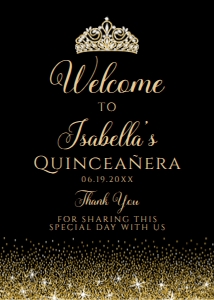 BlackGoldQuinceSign5x7: Black and Gold Glitter Welcome Sign, Quinceanera Sign, Sweet Sixteen Sign, Printable Sign, Instant Download, Princess Sign, Corjl Template