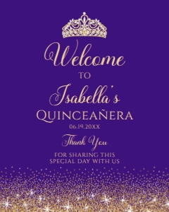 PurpleGoldQuince16x20: Purple and Gold Glitter Welcome Sign, Sweet Sixteen, Printable Party Sign, Instant Download, Quinceanera Sign, Princess Sign, Corjl Template