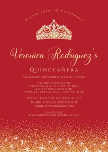 RedGoldQuince5x7: Red and Gold Glitter Quinceanera Invitation, Glitter Quinceanera Invitation, Red Quinceanera Invitations, Printable Quince Invitation, Corjl