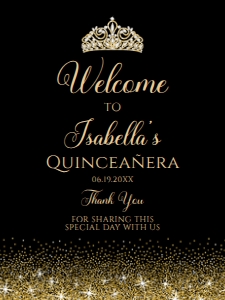 BlackGoldQuince18x24: Black and Gold Glitter Welcome Sign, Quinceanera Sign, Sweet Sixteen Sign, Printable Sign, Instant Download, Princess Sign, Corjl Template